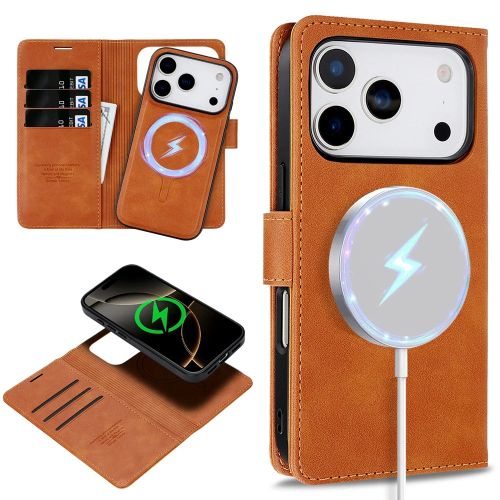 MagSafe leather Case for IPhone 17 Air 16 Promax 15 Plus 14 Pro Max 13 Pm 12 Magnetic Card Slots Wallet 2 in 1 Phone Cover
