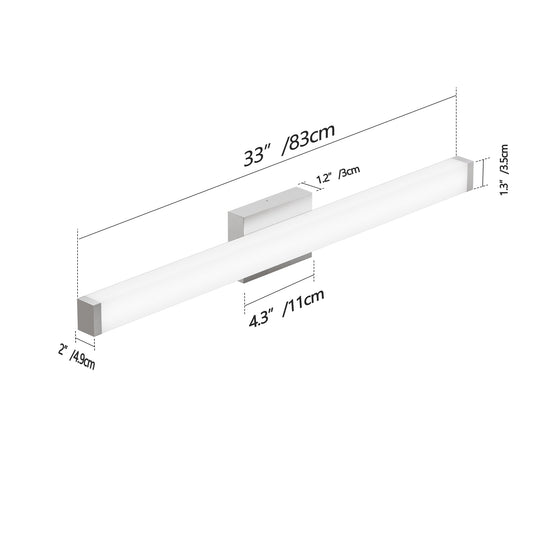 Bathroom Vanity Light Brushed Nickel Square LED 33inch 18W 6000K Cool White Light Wall Bar Lighting Fixtures Over Mirror