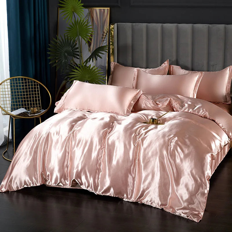 Silk Bedding Set with Duvet Cover Bed Sheet Pillowcase Luxury Satin Bedsheet Solid Color Double Single King Queen Full Twin Size