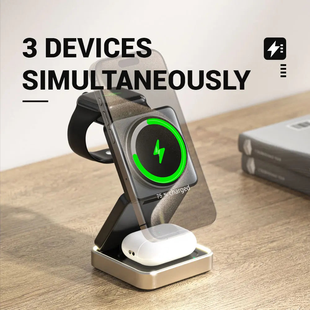 3-in-1 Wireless Foldable Charging Station, 15W Fast Charging, Magnetic & Portable, Compatible with Phones/Earbuds/Watches