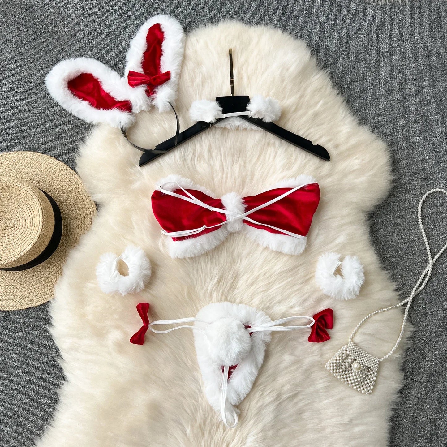 Women Sexy Christmas Velour Bra Brief Suits Fashion Intimate Lingerie 5 Piece Erotic Bras Thongs Outfits Underwear Sets