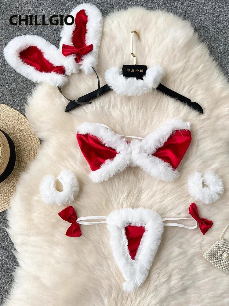 Women Sexy Christmas Velour Bra Brief Suits Fashion Intimate Lingerie 5 Piece Erotic Bras Thongs Outfits Underwear Sets