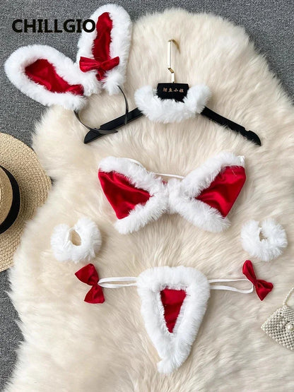 Women Sexy Christmas Velour Bra Brief Suits Fashion Intimate Lingerie 5 Piece Erotic Bras Thongs Outfits Underwear Sets