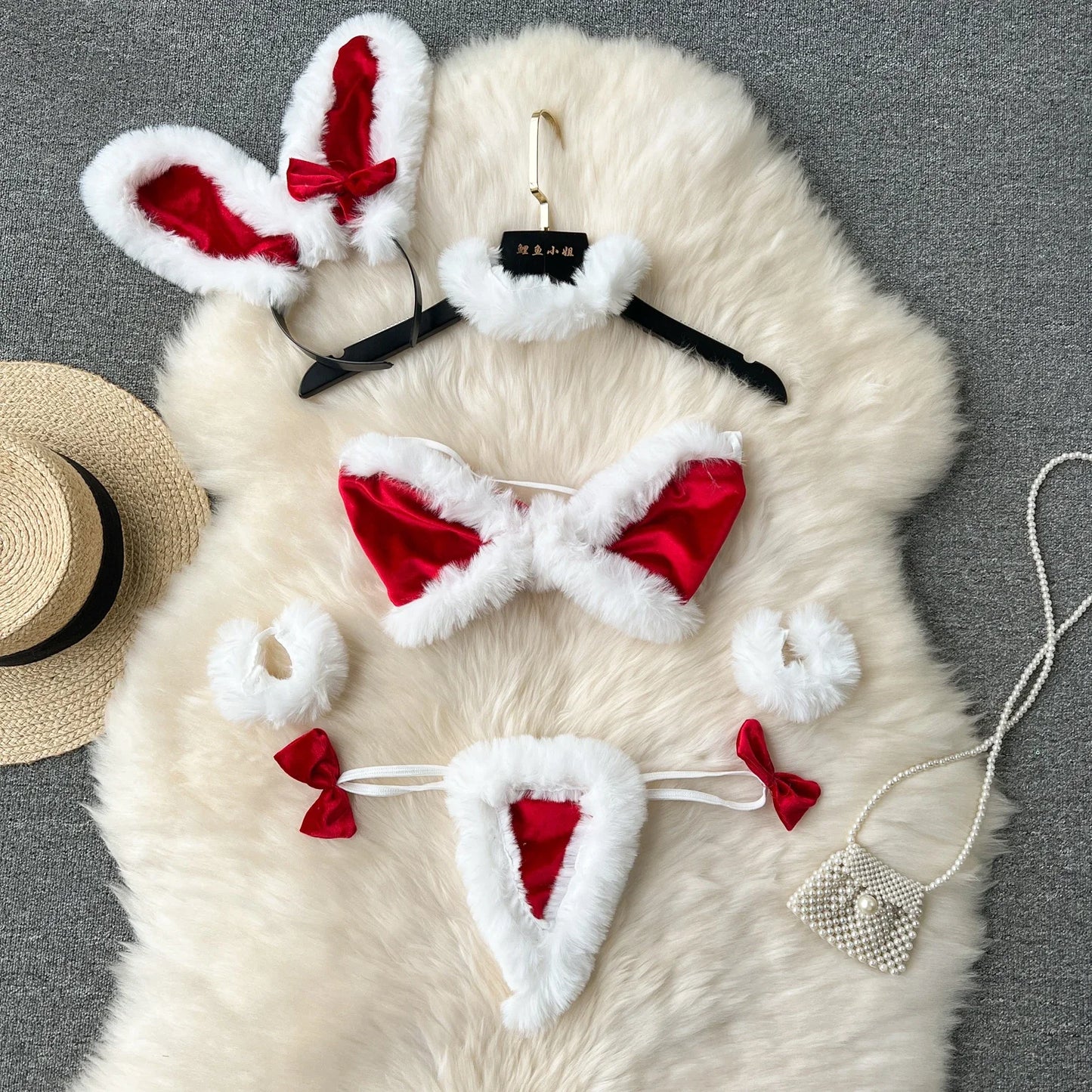 Women Sexy Christmas Velour Bra Brief Suits Fashion Intimate Lingerie 5 Piece Erotic Bras Thongs Outfits Underwear Sets