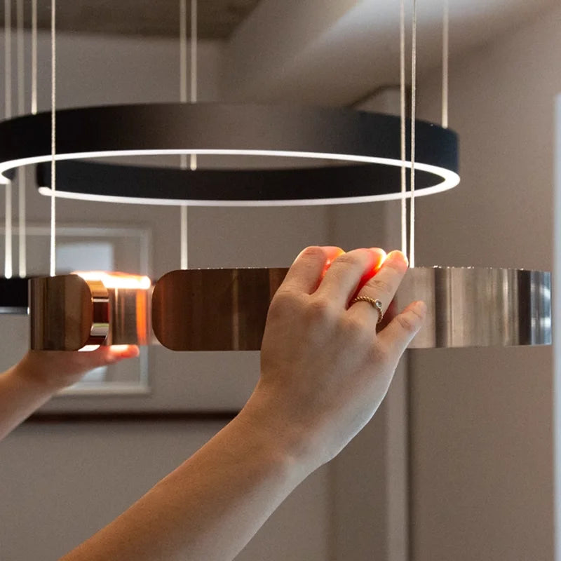 Nordic Led Ring Chandelier Modern Design Rose Gold Black White and Gold Lamp For Living Room Staircase Hotel Kitchen Bar Lights