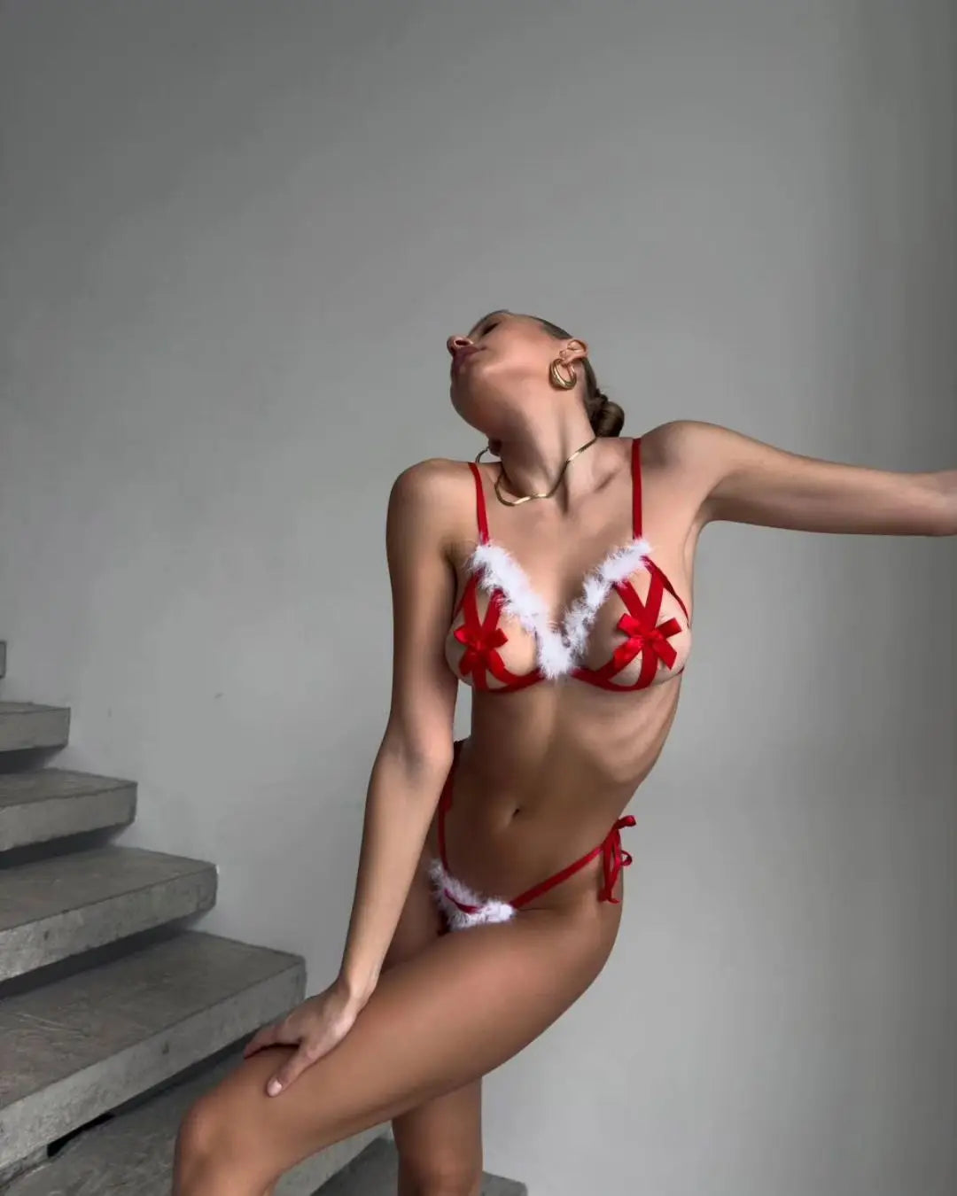 Ellolace Christmas Lingeries Sexy Hot Ultra Hot Bra Thong 2PC Seductive Fluffy Santa Bold Bowknot Decor Cute Festival Hollow Set