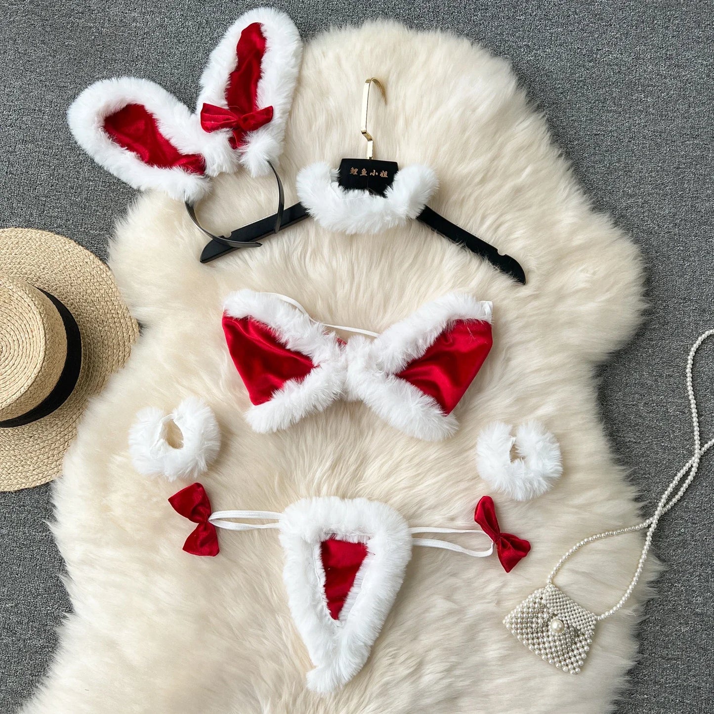 Women Sexy Christmas Velour Bra Brief Suits Fashion Intimate Lingerie 5 Piece Erotic Bras Thongs Outfits Underwear Sets