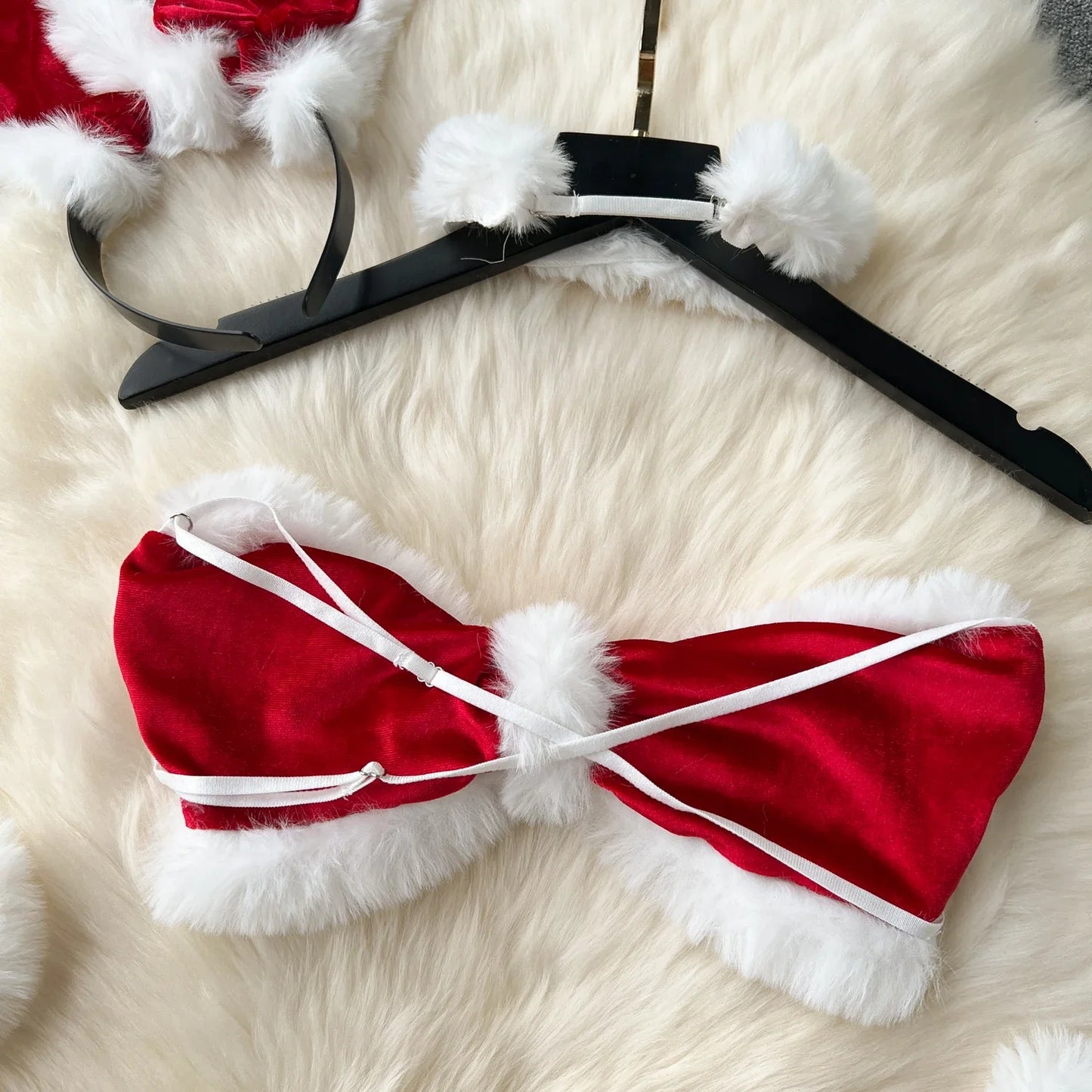 Women Sexy Christmas Velour Bra Brief Suits Fashion Intimate Lingerie 5 Piece Erotic Bras Thongs Outfits Underwear Sets