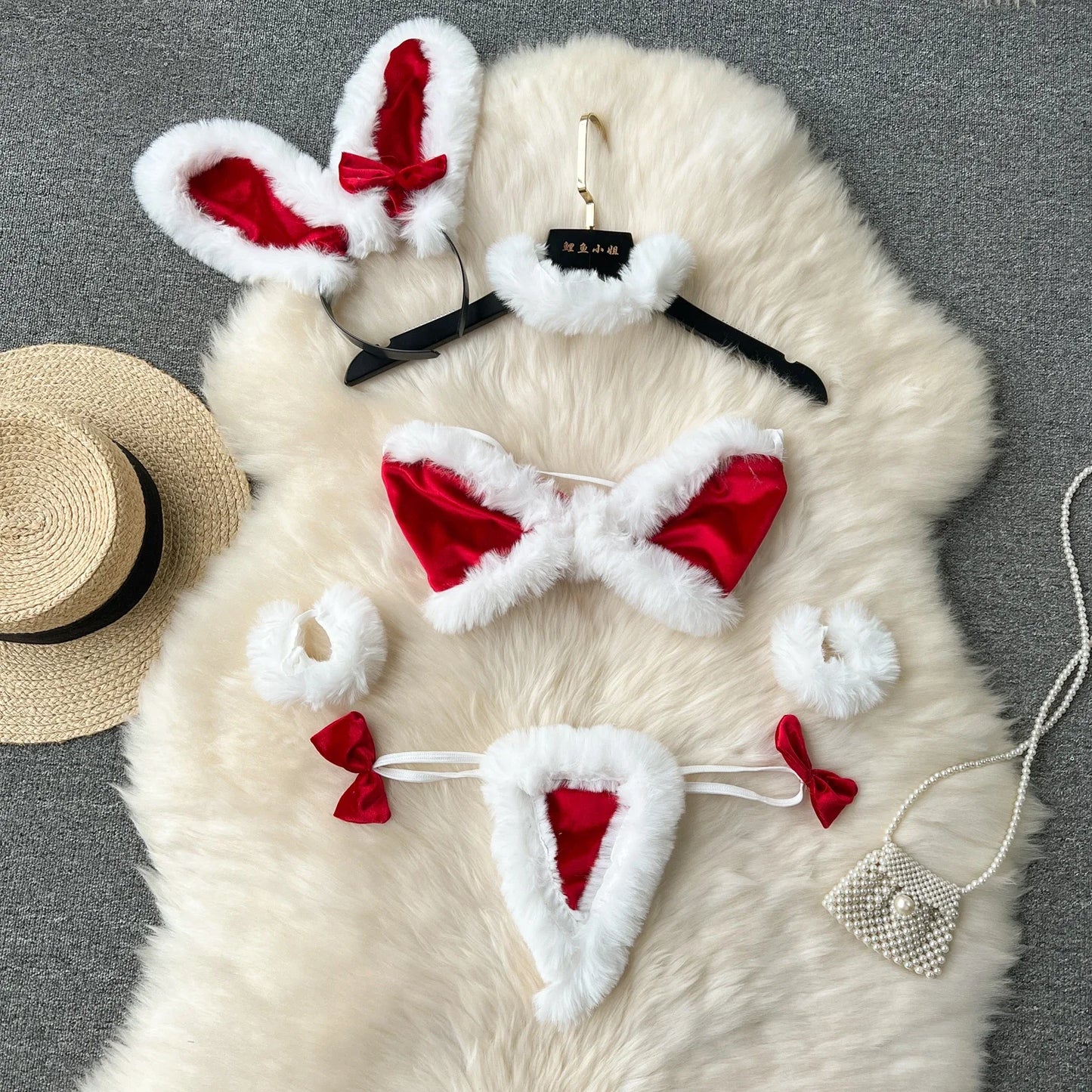 Women Sexy Christmas Velour Bra Brief Suits Fashion Intimate Lingerie 5 Piece Erotic Bras Thongs Outfits Underwear Sets