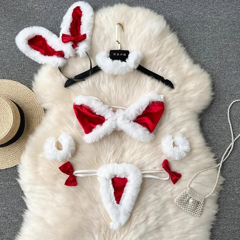 Women Sexy Christmas Velour Bra Brief Suits Fashion Intimate Lingerie 5 Piece Erotic Bras Thongs Outfits Underwear Sets