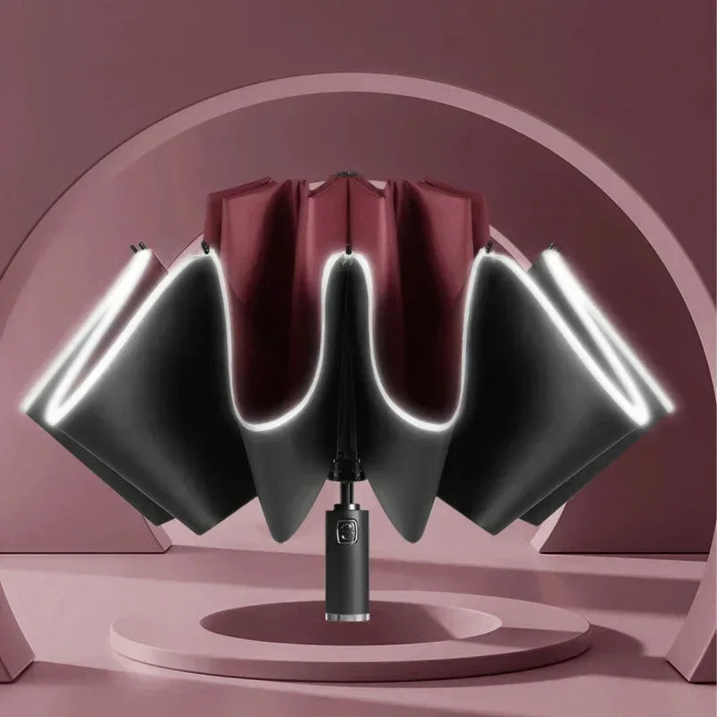 Folding Automatic Umbrella Business UV Protection Sunshade with Led Lighted Reinforced Wind Resistant and Waterproof Umbrella