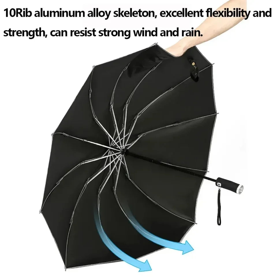 Folding Automatic Umbrella Business UV Protection Sunshade with Led Lighted Reinforced Wind Resistant and Waterproof Umbrella