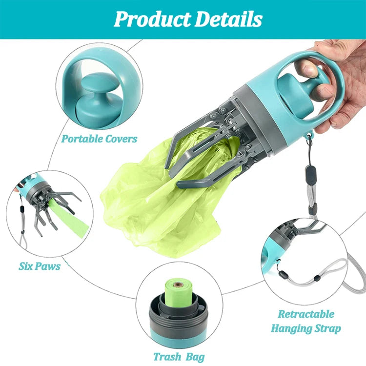 Portable Dog Pooper Scooper with Garbage Bag Outdoor Pet Poop Grabber Claw Fecal Shovel Picker Dog Fecal Collector Cleaning Tool
